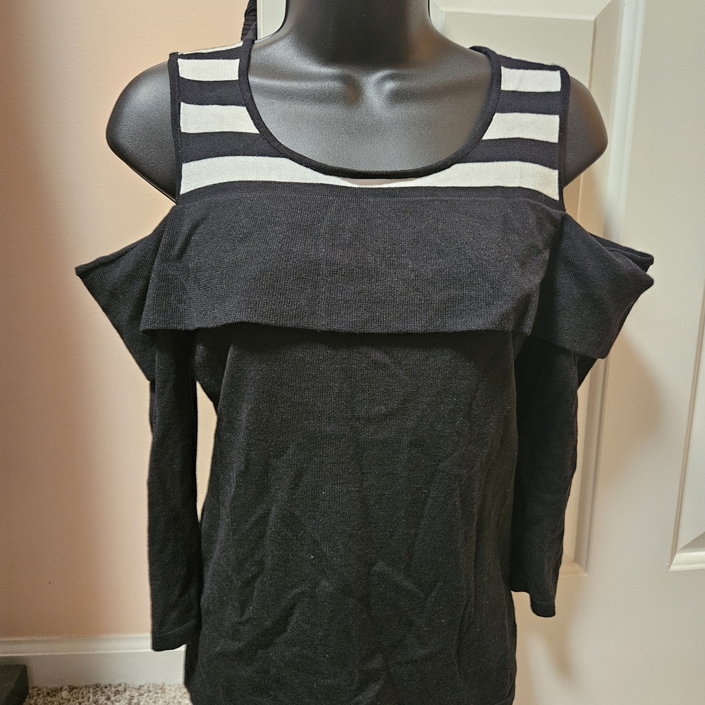 Black and White Striped Cold Shoulder Light Sweater